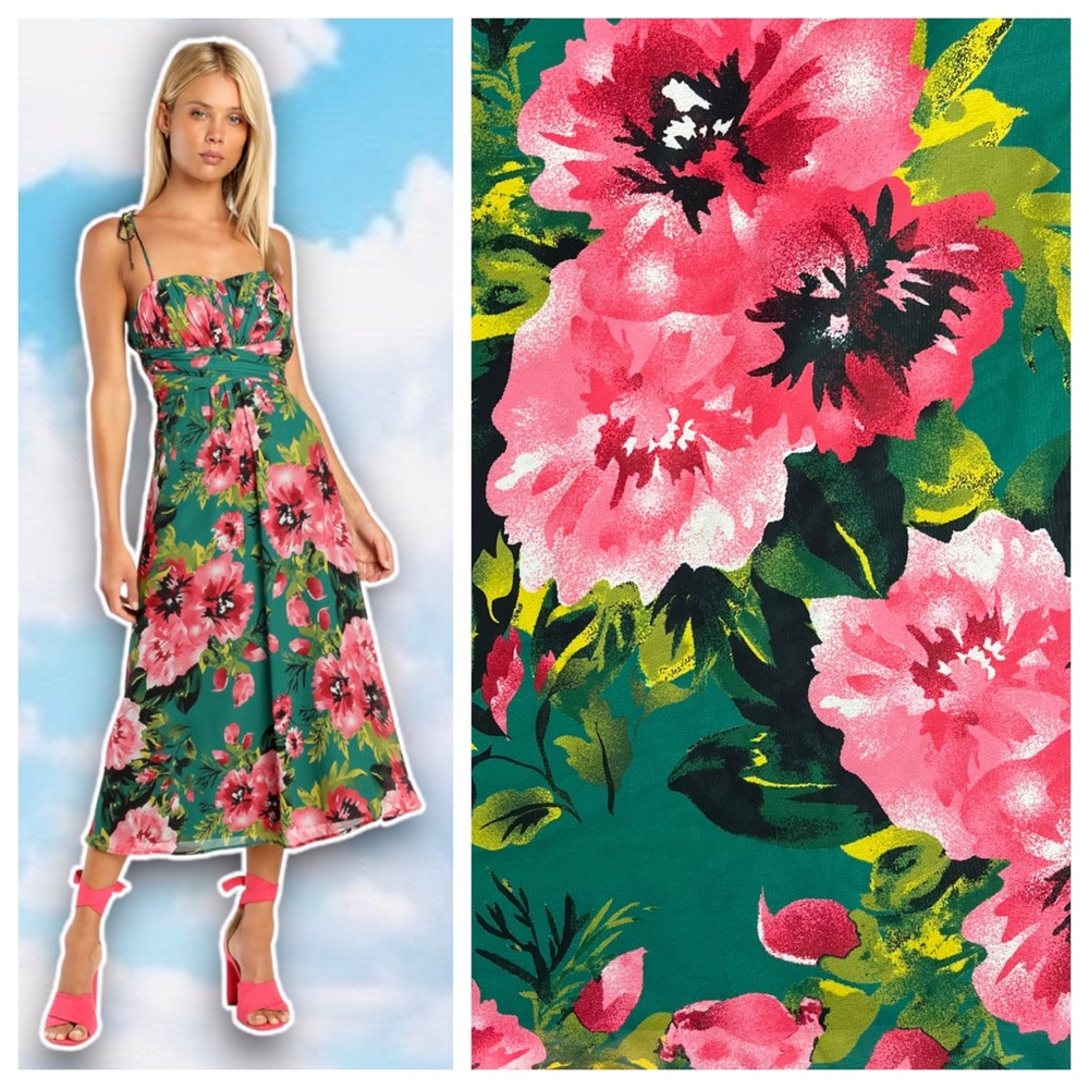 Lulu's Vibrant Pink and Green Floral Midi Dress